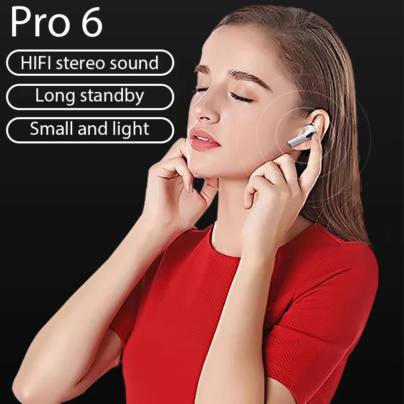 TWS Pro 6 Earphone Bluetooth Headphones with Mic 9D Stereo Hifi Earbuds for Iphone IOS Android Wireless Bluetooth Headset